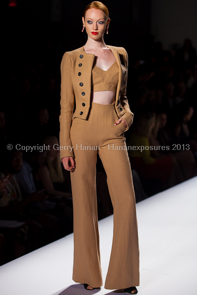 A model on the runway at the Norisol Ferrari SS2013 show at New York Mercedes-Benz Fashion Week.