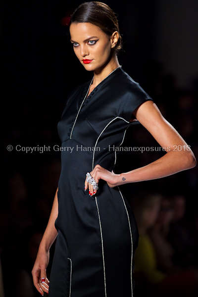 A model on the runway at the Norisol Ferrari SS2013 show at New York Mercedes-Benz Fashion Week.