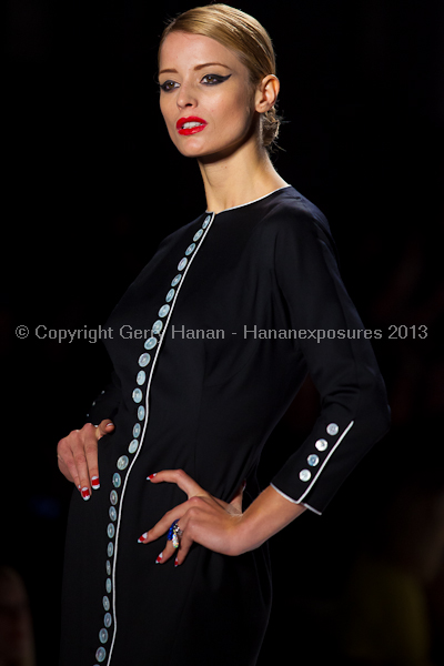 A model on the runway at the Norisol Ferrari SS2013 show at New York Mercedes-Benz Fashion Week.