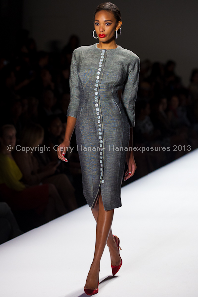 A model on the runway at the Norisol Ferrari SS2013 show at New York Mercedes-Benz Fashion Week.