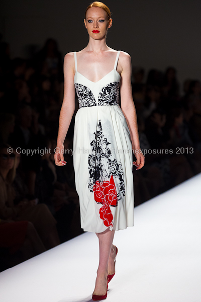 A model on the runway at the Norisol Ferrari SS2013 show at New York Mercedes-Benz Fashion Week.