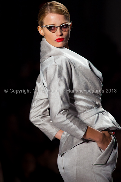 A model on the runway at the Norisol Ferrari SS2013 show at New York Mercedes-Benz Fashion Week.