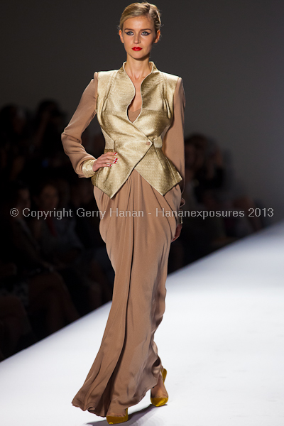 A model on the runway at the Norisol Ferrari SS2013 show at New York Mercedes-Benz Fashion Week.