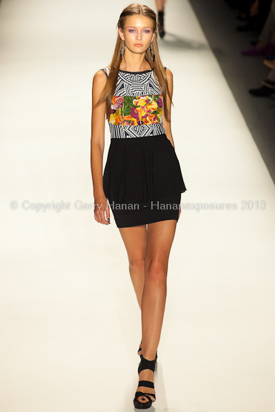 A model on the runway at the Nicole Miller SS2013 show at New York Mercedes-Benz Fashion Week.