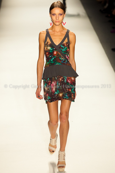 A model on the runway at the Nicole Miller SS2013 show at New York Mercedes-Benz Fashion Week.