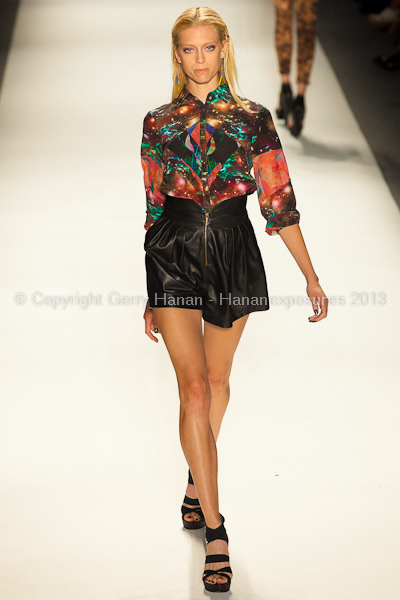 A model on the runway at the Nicole Miller SS2013 show at New York Mercedes-Benz Fashion Week.