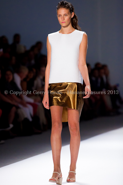 A model on the runway at the Osklen SS2013 show at New York Mercedes-Benz Fashion Week.