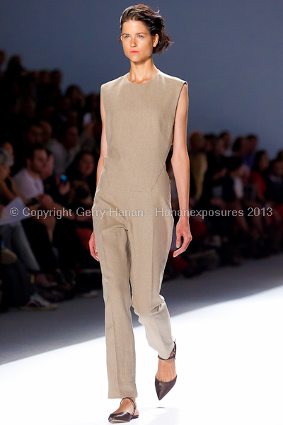 A model on the runway at the Osklen SS2013 show at New York Mercedes-Benz Fashion Week.