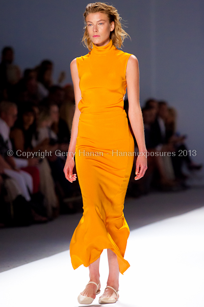 A model on the runway at the Osklen SS2013 show at New York Mercedes-Benz Fashion Week.