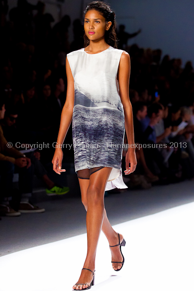 A model on the runway at the Osklen SS2013 show at New York Mercedes-Benz Fashion Week.