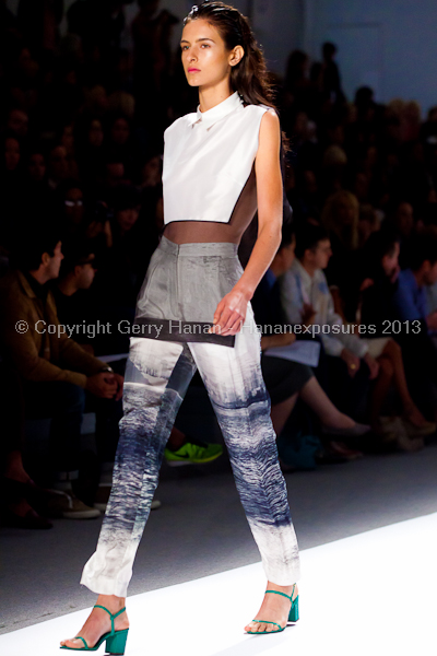 A model on the runway at the Osklen SS2013 show at New York Mercedes-Benz Fashion Week.