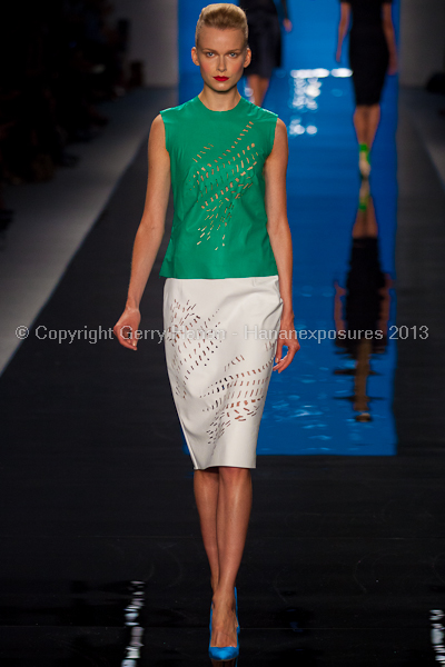 A model on the runway at the Reem Acra SS2013 show at New York Mercedes-Benz Fashion Week.