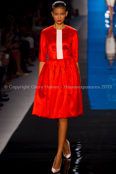 A model on the runway at the Reem Acra SS2013 show at New York Mercedes-Benz Fashion Week.