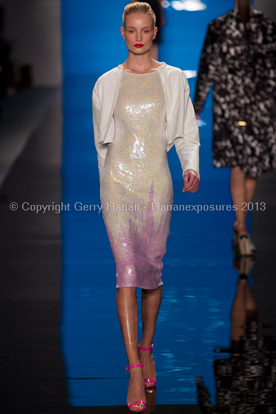 A model on the runway at the Reem Acra SS2013 show at New York Mercedes-Benz Fashion Week.