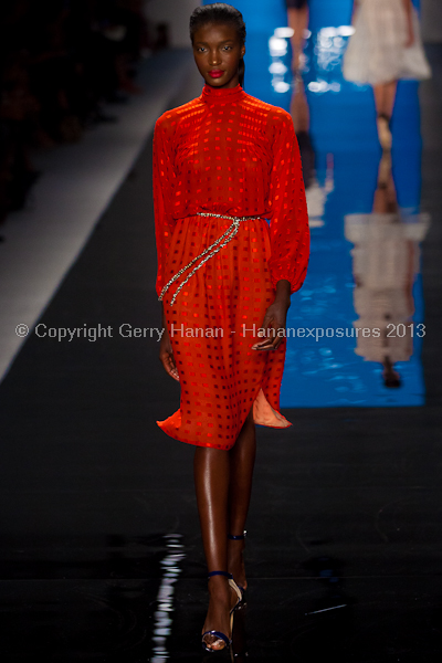 A model on the runway at the Reem Acra SS2013 show at New York Mercedes-Benz Fashion Week.