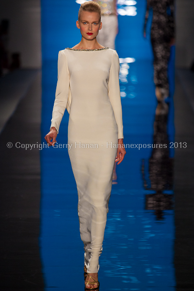 A model on the runway at the Reem Acra SS2013 show at New York Mercedes-Benz Fashion Week.