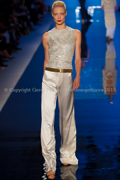 A model on the runway at the Reem Acra SS2013 show at New York Mercedes-Benz Fashion Week.