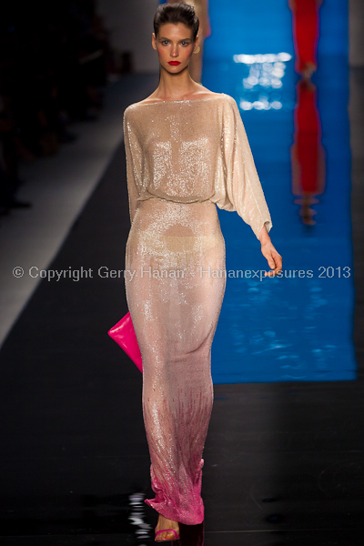 A model on the runway at the Reem Acra SS2013 show at New York Mercedes-Benz Fashion Week.