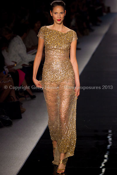 A model on the runway at the Reem Acra SS2013 show at New York Mercedes-Benz Fashion Week.