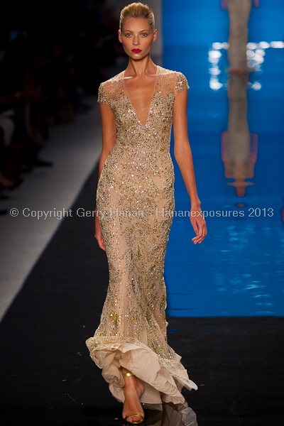 A model on the runway at the Reem Acra SS2013 show at New York Mercedes-Benz Fashion Week.