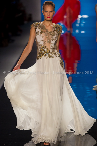 A model on the runway at the Reem Acra SS2013 show at New York Mercedes-Benz Fashion Week.