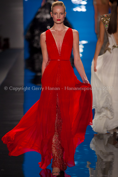 A model on the runway at the Reem Acra SS2013 show at New York Mercedes-Benz Fashion Week.