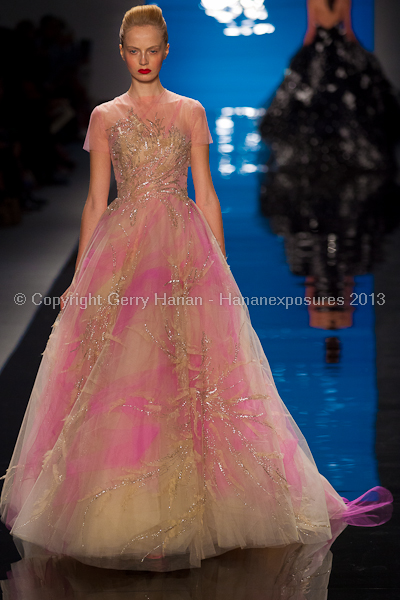 A model on the runway at the Reem Acra SS2013 show at New York Mercedes-Benz Fashion Week.