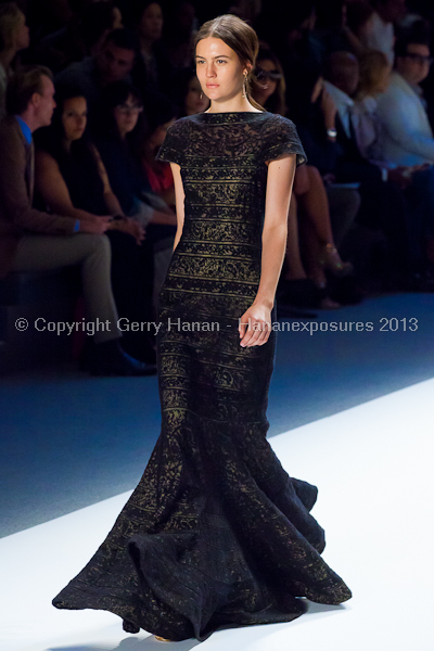 A model on the Tadashi Shoji SS2013 runway show during New York Mercedes-Benz Fashion Week.