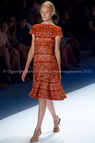 A model on the Tadashi Shoji SS2013 runway show during New York Mercedes-Benz Fashion Week.