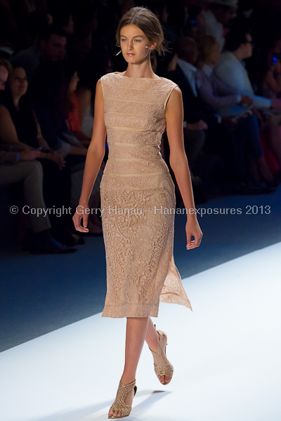 A model on the Tadashi Shoji SS2013 runway show during New York Mercedes-Benz Fashion Week.