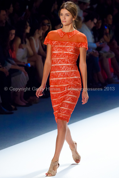 A model on the Tadashi Shoji SS2013 runway show during New York Mercedes-Benz Fashion Week.