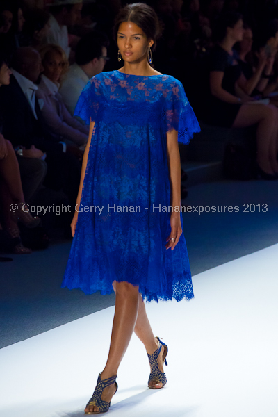 A model on the Tadashi Shoji SS2013 runway show during New York Mercedes-Benz Fashion Week.