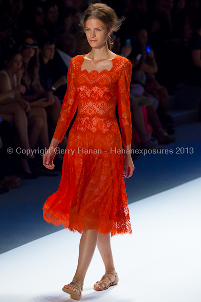 A model on the Tadashi Shoji SS2013 runway show during New York Mercedes-Benz Fashion Week.