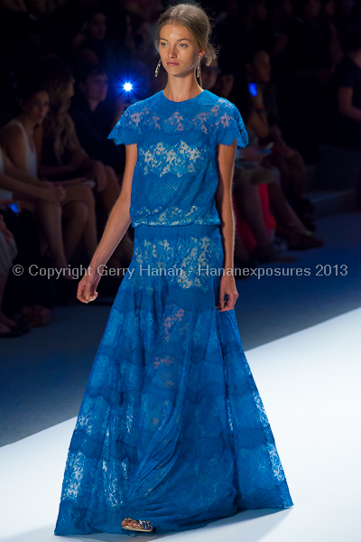 A model on the Tadashi Shoji SS2013 runway show during New York Mercedes-Benz Fashion Week.