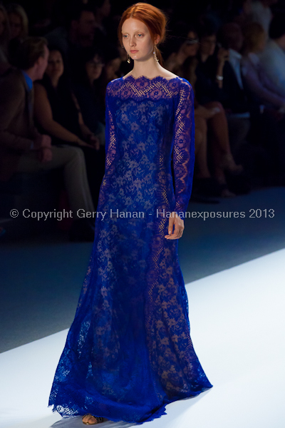 A model on the Tadashi Shoji SS2013 runway show during New York Mercedes-Benz Fashion Week.