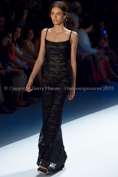 A model on the Tadashi Shoji SS2013 runway show during New York Mercedes-Benz Fashion Week.