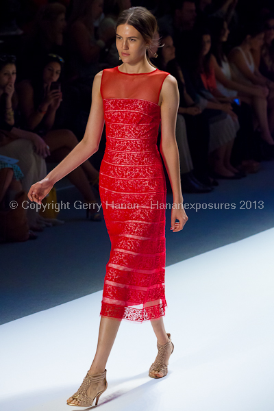 A model on the Tadashi Shoji SS2013 runway show during New York Mercedes-Benz Fashion Week.