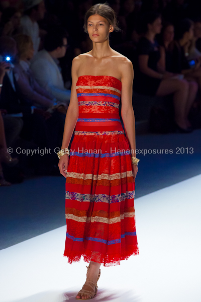 A model on the Tadashi Shoji SS2013 runway show during New York Mercedes-Benz Fashion Week.