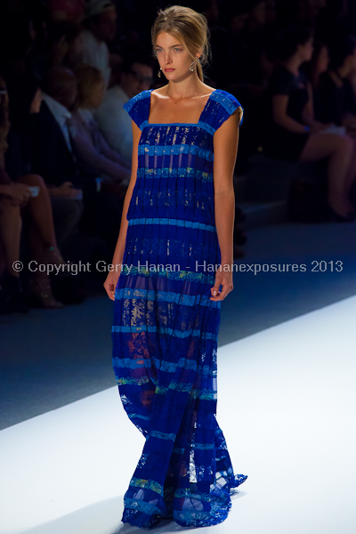 A model on the Tadashi Shoji SS2013 runway show during New York Mercedes-Benz Fashion Week.