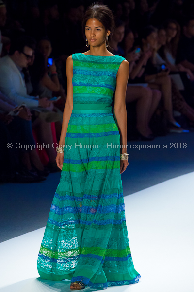 A model on the Tadashi Shoji SS2013 runway show during New York Mercedes-Benz Fashion Week.