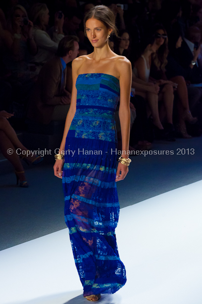 A model on the Tadashi Shoji SS2013 runway show during New York Mercedes-Benz Fashion Week.