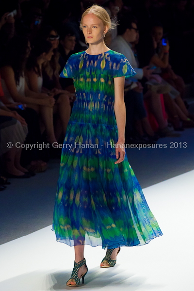 A model on the Tadashi Shoji SS2013 runway show during New York Mercedes-Benz Fashion Week.