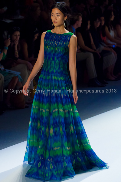 A model on the Tadashi Shoji SS2013 runway show during New York Mercedes-Benz Fashion Week.