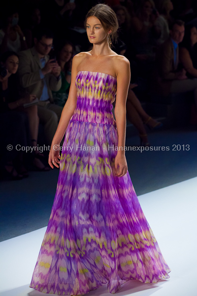 A model on the Tadashi Shoji SS2013 runway show during New York Mercedes-Benz Fashion Week.