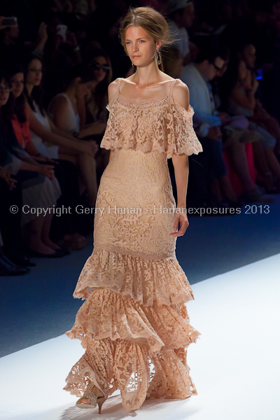 A model on the Tadashi Shoji SS2013 runway show during New York Mercedes-Benz Fashion Week.