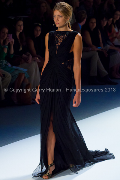 A model on the Tadashi Shoji SS2013 runway show during New York Mercedes-Benz Fashion Week.