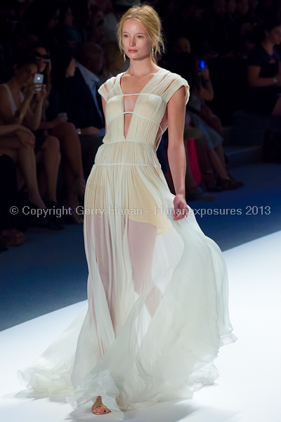 A model on the Tadashi Shoji SS2013 runway show during New York Mercedes-Benz Fashion Week.