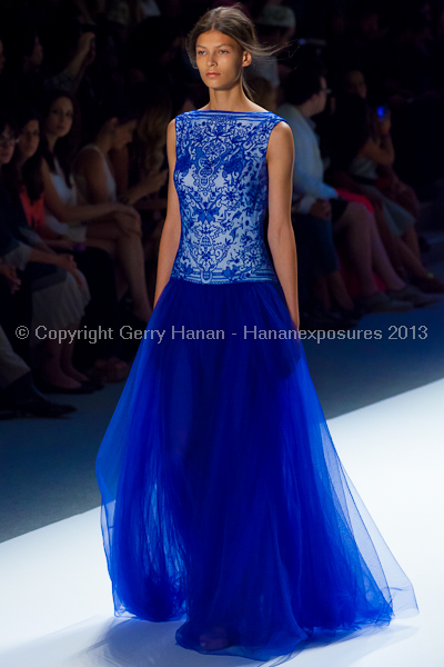 A model on the Tadashi Shoji SS2013 runway show during New York Mercedes-Benz Fashion Week.