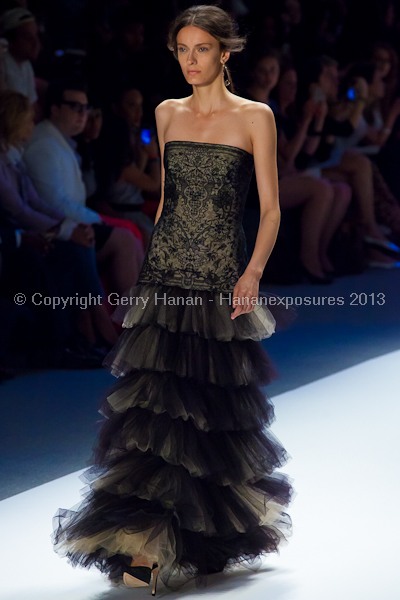 A model on the Tadashi Shoji SS2013 runway show during New York Mercedes-Benz Fashion Week.