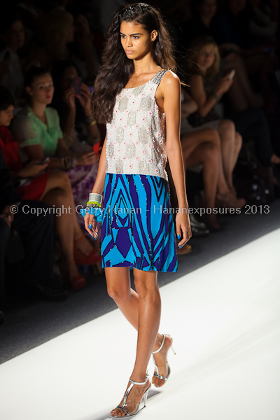 A model on the runway at the Tracy Reese SS2013 show at New York Mercedes-Benz Fashion Week.